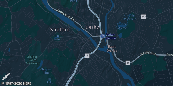 Map of Shelton, CT. The exact address of 41 Church St. is not known, so the map shows the area rather than a specific building.