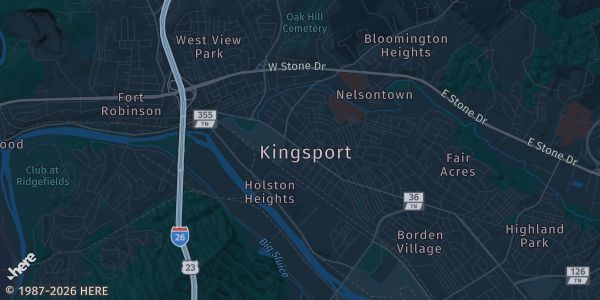 Map of Kingsport, TN. The exact address of Tri Cities Card Show is not known, so the map shows the area rather than a specific building.