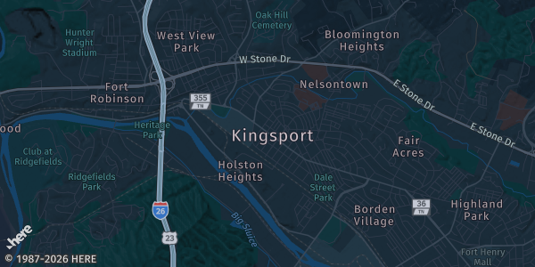 Map of Kingsport, TN. The exact address of Tri Cities Card Show is not known, so the map shows the area rather than a specific building.