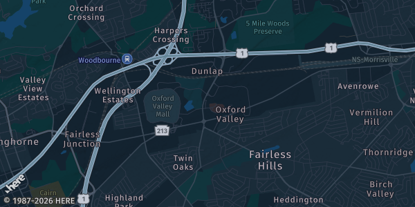 Map of Langhorne, PA. The exact address of Sheraton Bucks County is not known, so the map shows the area rather than a specific building.