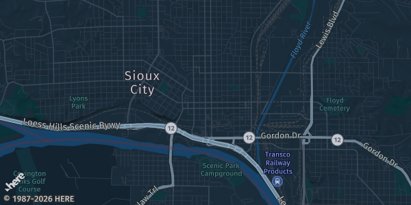 Map of Sioux City, IA. The exact address of Sioux City Convention Center is not known, so the map shows the area rather than a specific building.