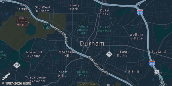 Map of Durham, NC. The exact address of Millennium Hotel Durham is not known, so the map shows the area rather than a specific building.