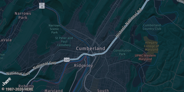 Map of Cumberland, MD. The exact address of Country Club Mall is not known, so the map shows the area rather than a specific building.