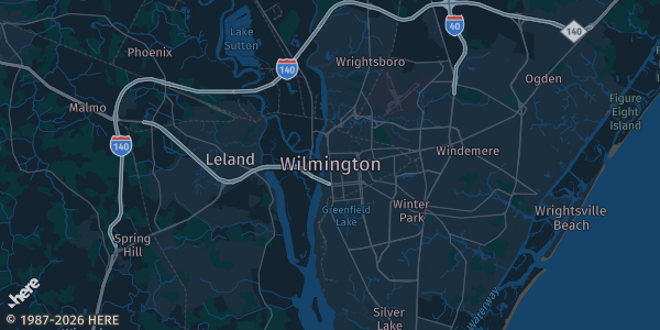 Map of Wilmington, NC. The exact address of Elks Lodge #532 is not known, so the map shows the area rather than a specific building.