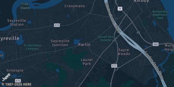 Map of Sayerville, NJ. The exact address of VFW Post 4699 is not known, so the map shows the area rather than a specific building.