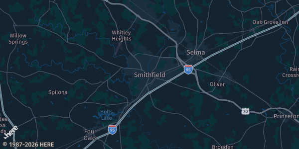 Map of Smithfield, NC. The exact address of 695 Mallard Rd is not known, so the map shows the area rather than a specific building.