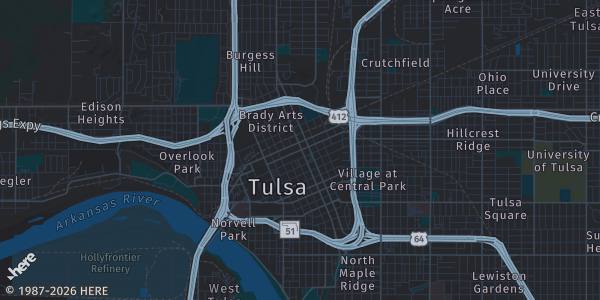 Map of Tulsa, OK. The exact address of Arvest Convention Center – Downtown Tulsa is not known, so the map shows the area rather than a specific building.
