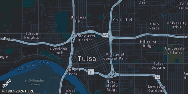 Map of Tulsa, OK. The exact address of Arvest Convention Center – Downtown Tulsa is not known, so the map shows the area rather than a specific building.