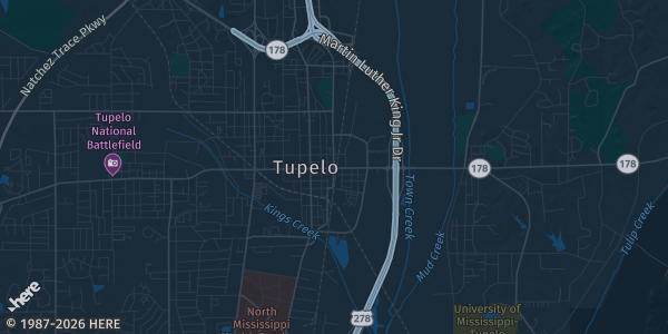 Map of Tupelo, MS. The exact address of 1879 N Coley Rd. is not known, so the map shows the area rather than a specific building.