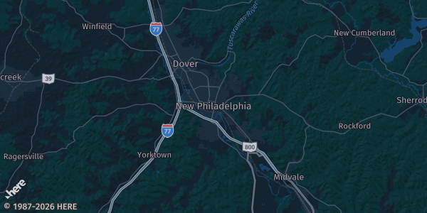 Map of NW New Philadelphia, OH. The exact address of Tuscora Park is not known, so the map shows the area rather than a specific building.