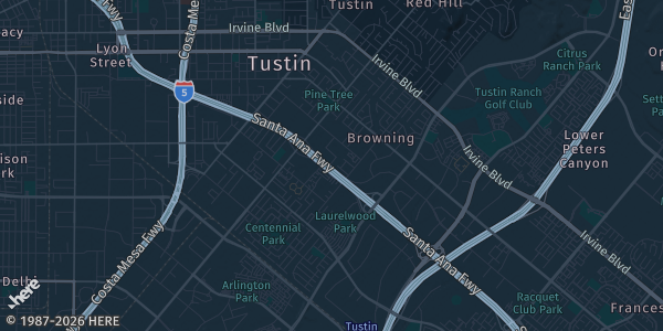 Map of Tustin, CA. The exact address of Tustin Tiller Days - Columbus Tustin Park is not known, so the map shows the area rather than a specific building.