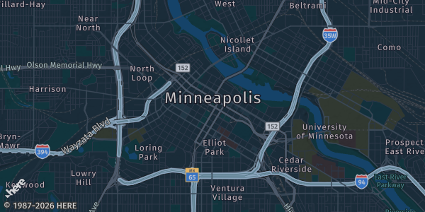Map of Minneapolis, MN. The exact address of Minneapolis Convention Center is not known, so the map shows the area rather than a specific building.