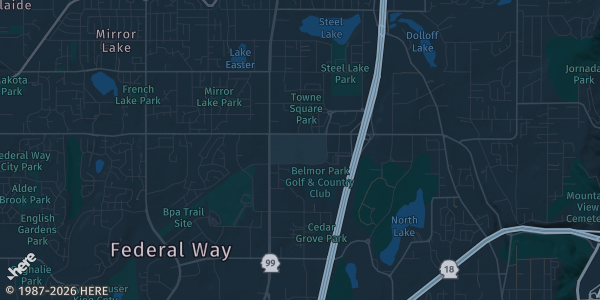 Map of Federal Way, WA. The exact address of The Commons at Federal Way is not known, so the map shows the area rather than a specific building.