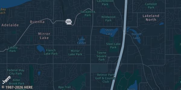 Map of Federal Way, WA. The exact address of Twin Oaks Show is not known, so the map shows the area rather than a specific building.