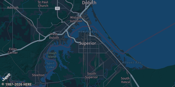 Map of Superior, WI. The exact address of Barkers Island Inn Resort & Conference Center is not known, so the map shows the area rather than a specific building.