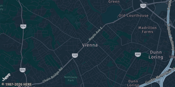 Map of Vienna, VA. The exact address of American Legion Post 180 is not known, so the map shows the area rather than a specific building.