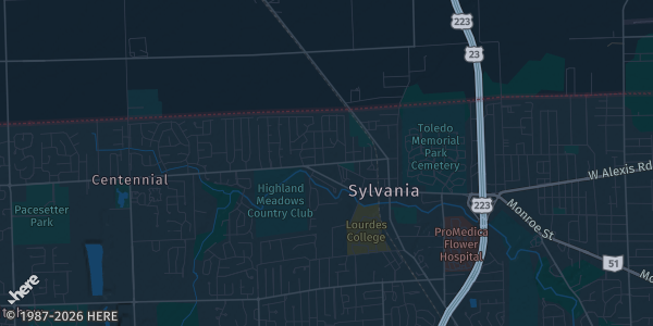Map of Sylvania, OH. The exact address of Sylvania Tam O'shanter Sports Inc is not known, so the map shows the area rather than a specific building.