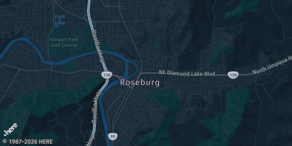 Map of Roseburg, OR. The exact address of Douglas County Fairgrounds is not known, so the map shows the area rather than a specific building.
