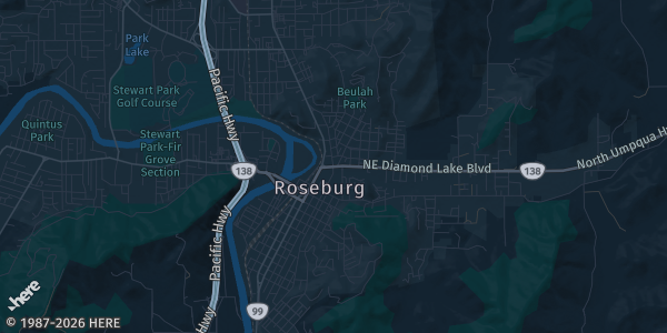 Map of Roseburg, OR. The exact address of Douglas County Fairgrounds is not known, so the map shows the area rather than a specific building.
