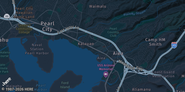 Map of Aiea, HI. The exact address of Pearlridge Center is not known, so the map shows the area rather than a specific building.