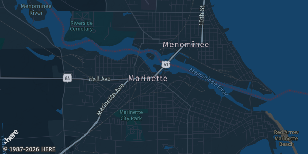 Map of Marinette, WI. The exact address of The Lodge on Main is not known, so the map shows the area rather than a specific building.