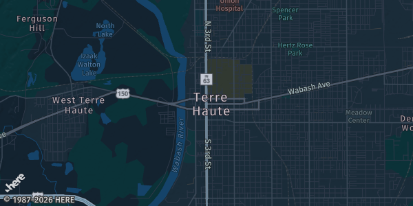 Map of Terre Haute, IN. The exact address of IUOE Union Hall Local 841 is not known, so the map shows the area rather than a specific building.
