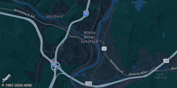 Map of White River Junction, VT. The exact address of Hanley Gym is not known, so the map shows the area rather than a specific building.