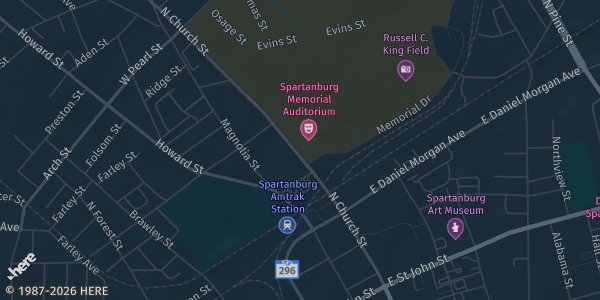 Map showing Spartanburg Memorial Auditorium in Spartanburg, SC.