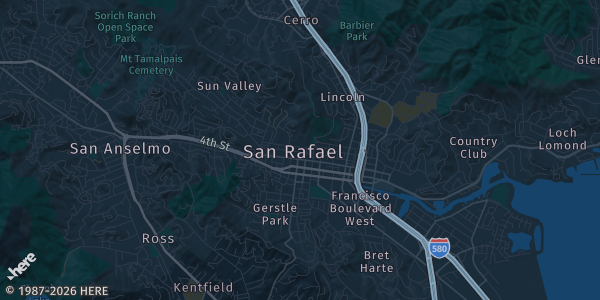 Map of San Rafael, CA. The exact address of Marin Center Exhibit Hall is not known, so the map shows the area rather than a specific building.