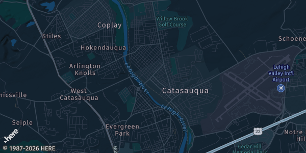 Map of Catasauqua, PA. The exact address of American Legion Hall is not known, so the map shows the area rather than a specific building.