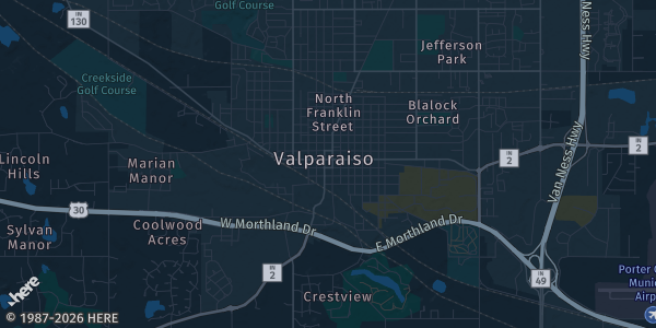 Map of Valparaiso, IN. The exact address of Indiana National Guard Armory is not known, so the map shows the area rather than a specific building.