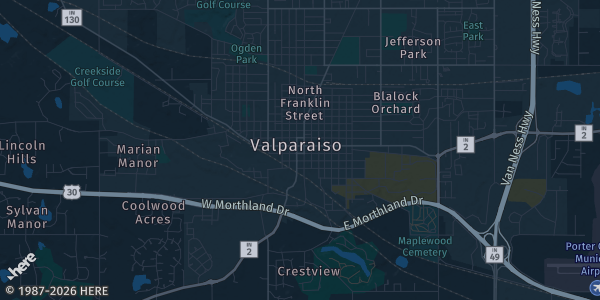 Map of Valparaiso, IN. The exact address of Indiana National Guard Armory is not known, so the map shows the area rather than a specific building.