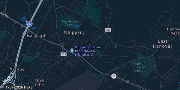 Map of Whippany, NJ. The exact address of Vampire Fan Weekend Convention is not known, so the map shows the area rather than a specific building.