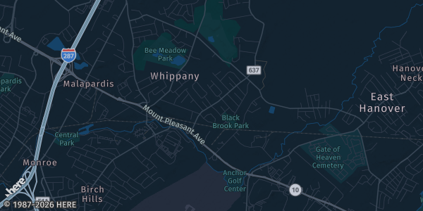 Map of Whippany, NJ. The exact address of Vampire Fan Weekend Convention is not known, so the map shows the area rather than a specific building.