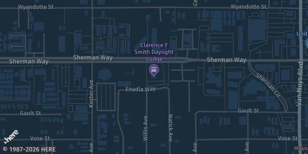 Map showing Van Nuys Masonic Hall in Van Nuys, CA.