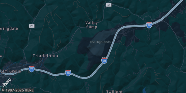 Map of Triadelphia, WV. The exact address of Highlands Sports Complex is not known, so the map shows the area rather than a specific building.