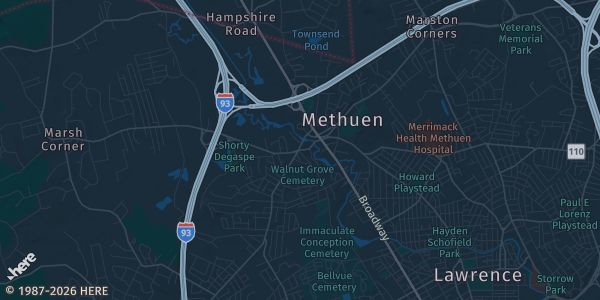 Map of Methuen, MA. The exact address of VFW 26 River St. is not known, so the map shows the area rather than a specific building.