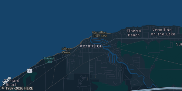 Map of Vermilion, OH. The exact address of Harbourtown Community Church is not known, so the map shows the area rather than a specific building.