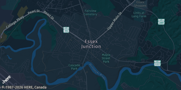 Map of Essex Junction, VT. The exact address of Champlain Valley Expo is not known, so the map shows the area rather than a specific building.