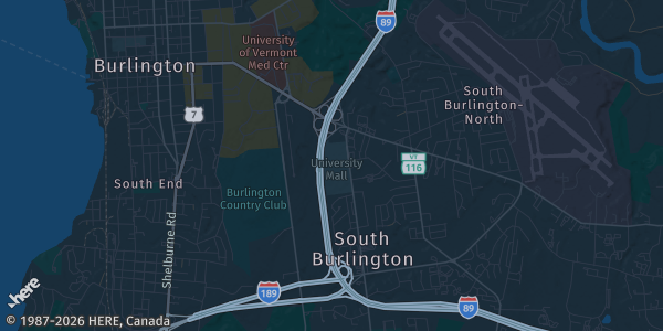 Map of South Burlington, VT. The exact address of The University Mall is not known, so the map shows the area rather than a specific building.
