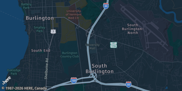 Map of South Burlington, VT. The exact address of The University Mall is not known, so the map shows the area rather than a specific building.