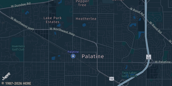 Map of Palatine, IL. The exact address of Vernon Hill Monthly Card Expo is not known, so the map shows the area rather than a specific building.