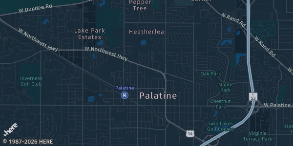 Map of Palatine, IL. The exact address of Vernon Hill Monthly Card Expo is not known, so the map shows the area rather than a specific building.
