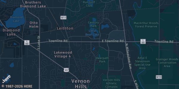 Map of Vernon Hills, IL. The exact address of Hawthorn Mall is not known, so the map shows the area rather than a specific building.