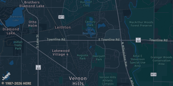 Map of Vernon Hills, IL. The exact address of Hawthorn Mall is not known, so the map shows the area rather than a specific building.