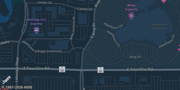 Map showing Hawthorn Mall in Vernon Hills, IL.