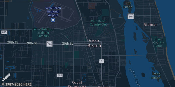 Map of Vero Beach, FL. The exact address of Indian River Mall is not known, so the map shows the area rather than a specific building.