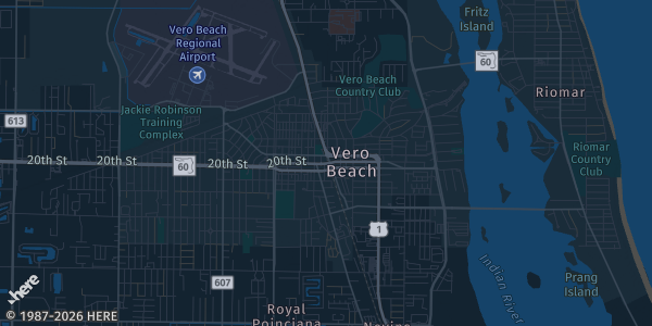 Map of Vero Beach, FL. The exact address of Indian River Mall is not known, so the map shows the area rather than a specific building.