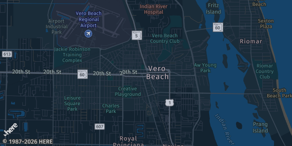 Map of Vero Beach, FL. The exact address of Indian River Mall is not known, so the map shows the area rather than a specific building.