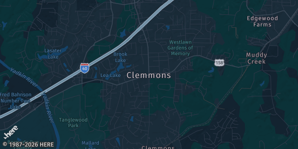 Map of Clemmons, NC. The exact address of Village Inn Hotel and Event Center is not known, so the map shows the area rather than a specific building.
